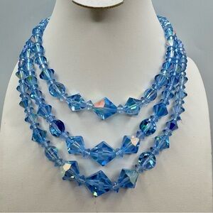 Vintage Blue Crystal Triple Strand Necklace Aurora Borealis Glass
